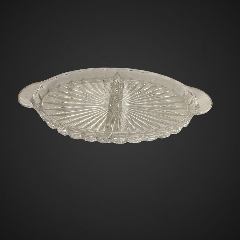 Vintage Oval Split Cut Glass Serving Dish Candy Relish Divided